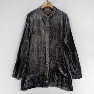 Chico's Design Shirt Tunic Top Sz 3 US XL Gray Velour Button Up Embroidered Boho